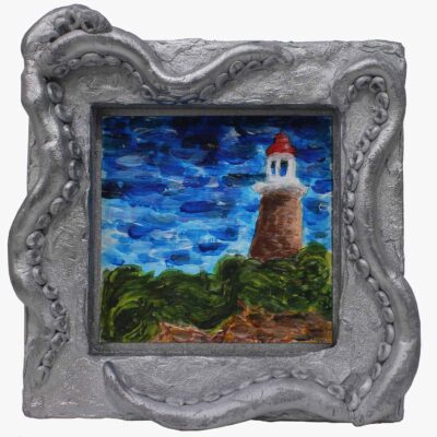 Acrylic paint and magic clay on board by Victoria Hu, Year 10, Kilvington Grammar School Student artwork of a light house landscape