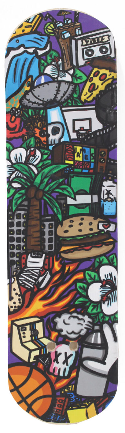 Digital printed film on skateboard deck by Sanya Bhatt, Year 10, Kilvington Grammar School Student artwork on a skateboard deck