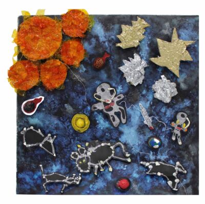 Acrylic paint and mixed media collage on canvas, a group work by Magnolia Group ELC, 4-year-old kindergarten students from Kilvington Grammar School Student artwork of astronauts in space