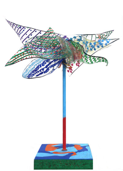 Paint markers on shrink film with wooden base by Elliott Catherina, Year 2, Kilvington Grammar School Student artwork of a sculpture inspired by Chihuly