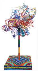 Paint markers on shrink film with wooden base by Lawrence Qin, Year 2, Kilvington Grammar School Student artwork of a sculpture inspired by Chihuly