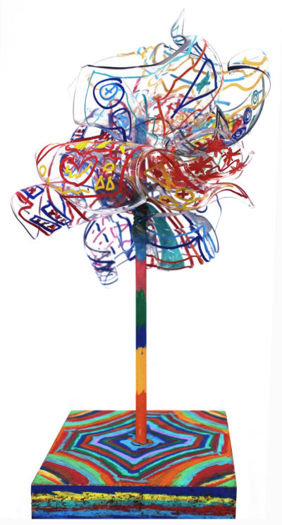 Paint markers on shrink film with wooden base by Lawrence Qin, Year 2, Kilvington Grammar School Student artwork of a sculpture inspired by Chihuly