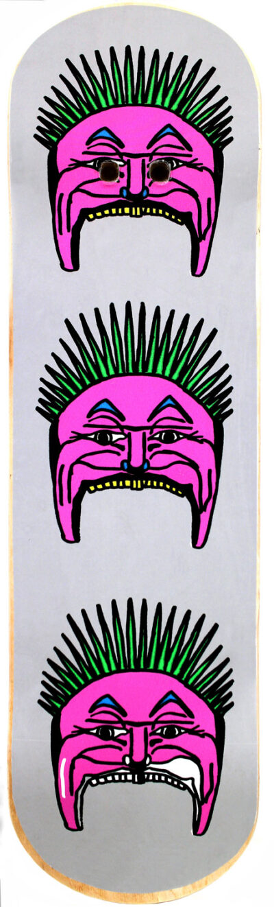 Digital printed film on skateboard deck by James Lee, Year 10, Kilvington Grammar School Student artwork of Luna Park on a skateboard deck