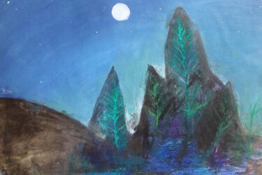 Acrylic paint on paper by Ivy Ludbrook, Year 6, Melbourne Montessori School Student artwork of a moonlit landscape