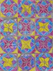 Relief print and paint pens on paper by Polly Fido, Year 4, Melbourne Montessori School Student artwork of a colourful tessellation pattern