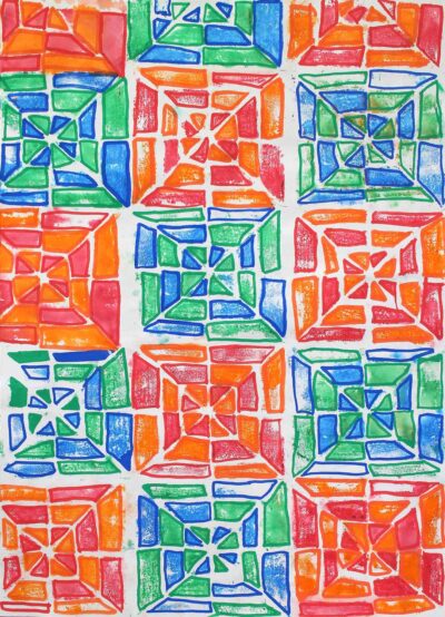 Relief print and paint pens on paper by Mietta Waldron, Year 5, Melbourne Montessori School Student artwork of a colourful tessellation pattern