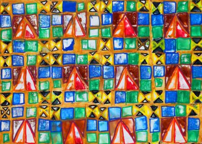 Relief print and paint pens on paper by Peter Hyne, Year 4, Melbourne Montessori School Student artwork of a colourful tessellation pattern