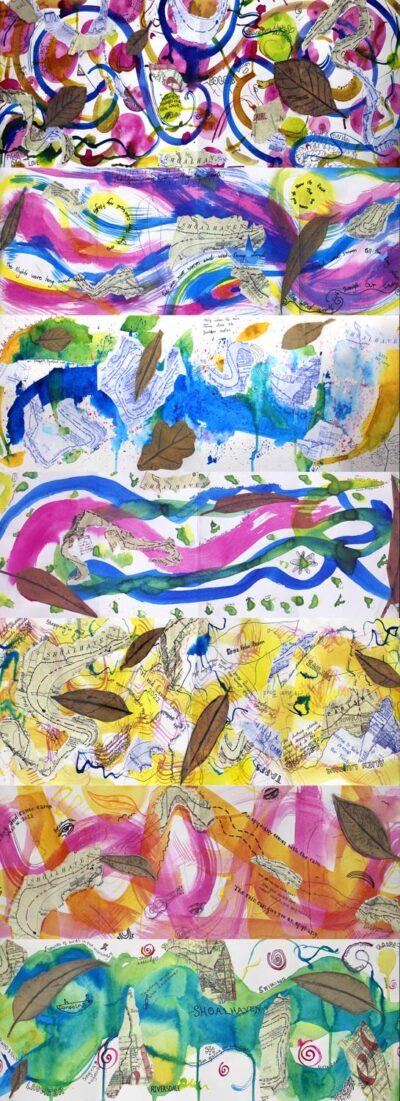 Mixed media collage on watercolour paper/concertina books by Bella Black, Diya Cheripuram, Eve Chadwick, Evie Wilson, Jackson Terlikar, Lewis Breuer and Max Dias, Year 10, Sophia Mundi Steiner School Student abstract artwork group work of Shoalhaven