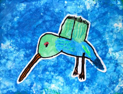 Oil pastel and ink on paper by Ryan Yang, Year 3, Yarra Valley Grammar Student artwork of a green blue bird in flight
