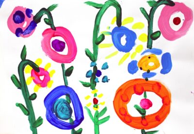 Acrylic paint on paper by Jenson Taylor, Year 1, Yarra Valley Grammar Student artwork of colourful flowers