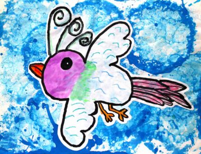 Oil pastel and ink on paper by Mae Sexton, Year 3, Yarra Valley Grammar Student artwork of a pink and white bird in flight