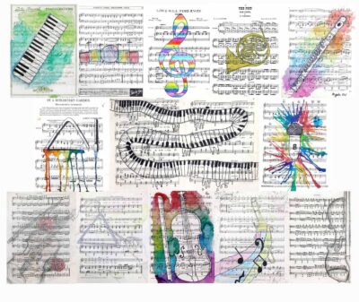 Coloured pencil, charcoal and ink on sheet music by Addison Ward, Alex Xue, Angela Li, Chris Lin, Hayley Pan, Jarod Wong, Jier Jiang, Liam Urquhart, Lucas Fu, Mitchell Wong, Rylee Hang, Selena Shi and Zachary Hove, a group work by Year 3 and Year 6 students, Yarra Valley Grammar Student group work of musical instruments drawn on music scores