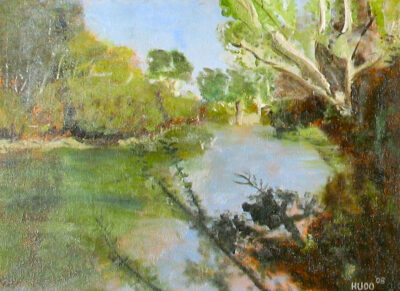 Oil on canvas board by Hudson Brown, Year 8, Alphington Grammar Student artwork of a river landscape
