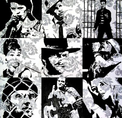 Acrylic on canvas by Ephthemia Telianidis, Year 12, Alphington Grammar Student black and white artwork of famous people from the past