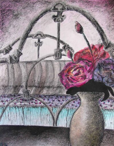 Pastel and charcoal on paper by Prudence Bell, Year 11, Ballarat and Clarendon College Student artwork of a bedroom with flowers
