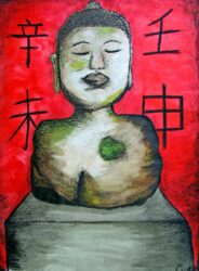 Pastel on paper by Caitlin Bruty, Year 12, Ballarat and Clarendon College Student artwork of a Buddha on a red background