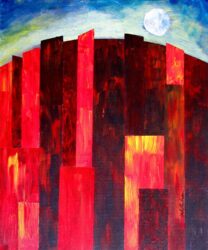 Acrylic on canvas by Jack Anderson, Year 9, Ballarat and Clarendon College Student artwork of a cityscape with full moon
