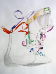 Coloured pencil on paper by Jordan Curnow, Year 11, Ballarat and Clarendon College Student artwork of decorated gym shoes