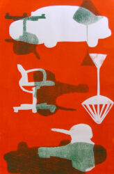 Monoprint on paper by George Christofi, Year 11, Ballarat and Clarendon College Student artwork of man-made objects with silhouettes