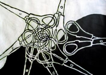 Acrylic on paper by Alessia Valenza, Year 10, Ballarat and Clarendon College Student artwork of scissors and circles