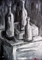 Acrylic on paper by Frances Jackson, Year 11, Ballarat and Clarendon College Student artwork still life with bottles
