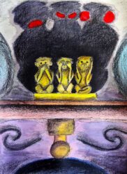 Charcoal and pastel on paper by Grace Owen, Year 11, Ballarat and Clarendon College Student artwork of three monkeys each covering either their eyes, ears or mouth