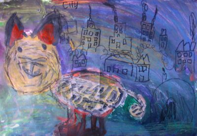 Student artwork of a cat with a cityscape behind it