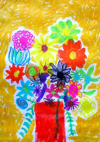 Oil pastel on paper by Sarah Douglass, Year 4, Ballarat Grammar Student artwork of flowers in a vase