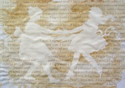 Student artwork silhouettes of two girls holding hands on a stained text background