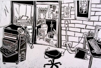 Student artwork of a black and white office