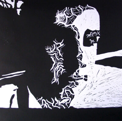 Student artwork of a black and white self-portrait