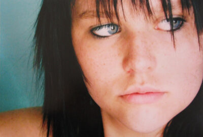 Digital print by Georgia Sampson, Year 12, Ballarat Grammar Student photograph of a girl's face