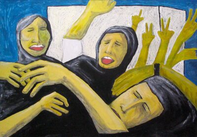 Acrylic on canvas by Sophia McInerney, Year 12, Beaconhills College Student artwork of a crowd of people