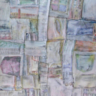 Acrylic paint and denim on canvas by Verametta Tongpao, Year 12, Beaconhills College Student artwork of patchwork denim