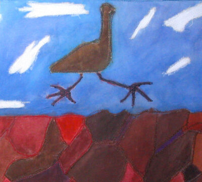 Acrylic on fabric with stitching by Caitlin Clifford, Year 8, Beaconhills College Student artwork of an emu running