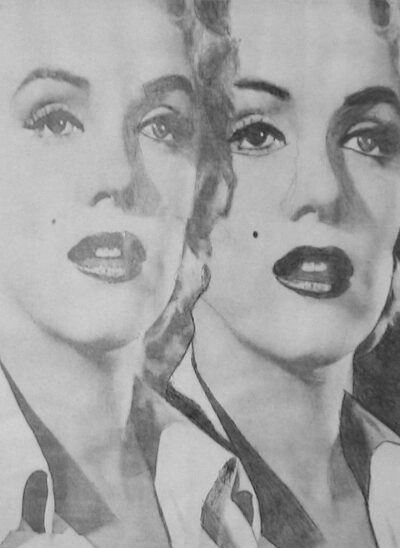 Print and ink on fabric by James Jarrod, Year 12, Beaconhills College Student artwork of Marilyn Manroe