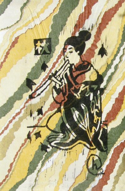 Lino cut print by Holly Curtis, Year 7, Christian College Geelong Student artwork of a figure playing the flute