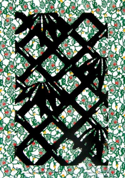 Lino cut print by Joshua Collins, Year 7, Christian College Geelong Student artwork of bamboo leaves