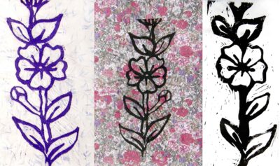 Lino cut print by Eden Houlihan, Year 7, Christian College Geelong Student artwork of a stemmed flower in triptych