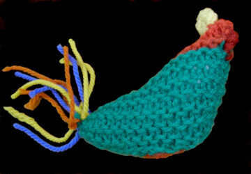 Woollen yarn by Piper Albrecht, Class 1, Castlemaine Steiner School and Kindergarten Student artwork of a knitted chicken