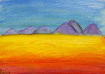 Watercolour and wax crayon by Alice Taylor, Class 5, Castlemaine Steiner School and Kindergarten Student artwork of landscape