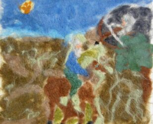 Dry felting by Gabriel Lillington, Class 4, Castlemaine Steiner School and Kindergarten Student artwork of a man riding a horse in felt