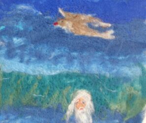 Dry felting by Annabel Weiss, Class 4, Castlemaine Steiner School and Kindergarten Student artwork of a man with a bird flying overhead in felt