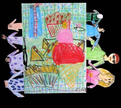 Oil pastel and pencil on paper by Esther Hamilton, Year 2, Fintona Girls’ School Student artwork of people having a picnic