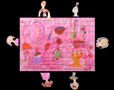 Mixed media on paper by Hannah Snow, Year 2, Fintona Girls’ School Student artwork of people having a picnic