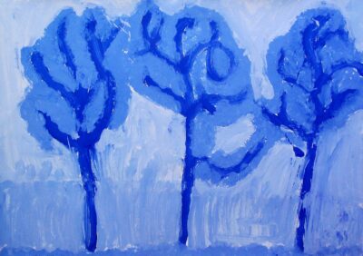 Student artwork of a winter landscape with trees in blue