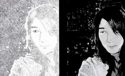 Student artwork of a dual portrait in dots