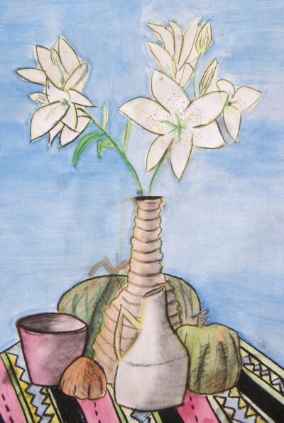 Student artwork of a still life with flowers and fruit
