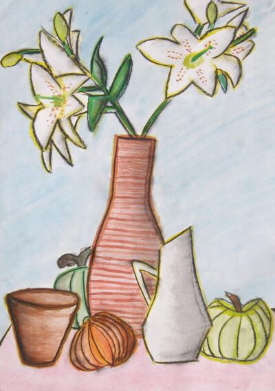 Acrylic on paper by Vanessa Romen, Year 8, Lighthouse Christian College Student artwork of a still life with flowers and fruit