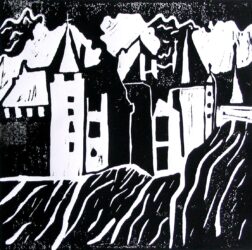 Lino cut print by Saskia Shepherd, Year 9, Melbourne Rudolf Steiner School Student artwork of a black and white castle on a cliff
